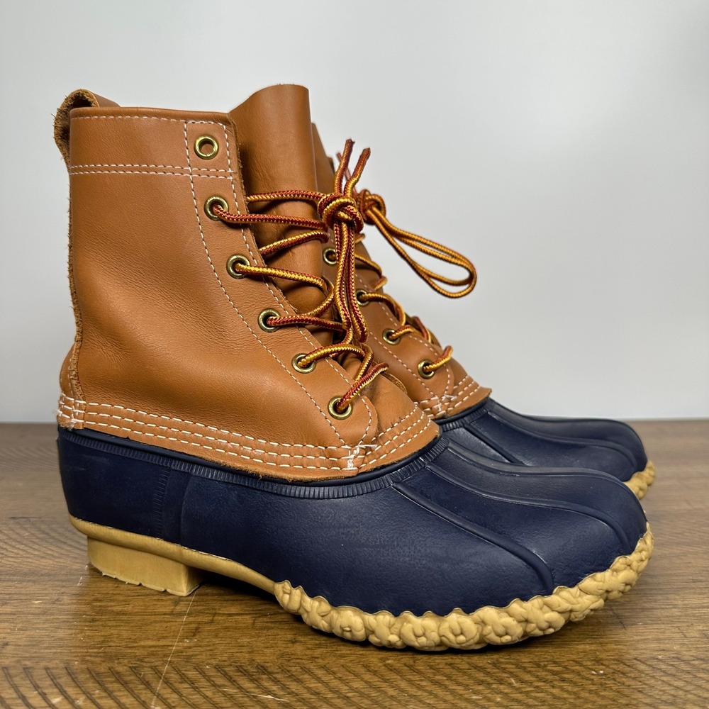 LL Bean Boots Womens 7 Tan Navy Duck 6" Leather Waterproof Made in Maine USA